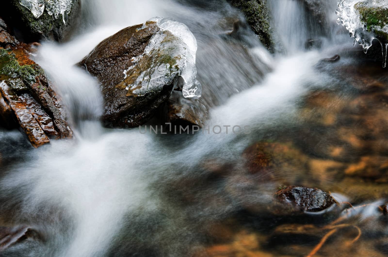 Detail of small waterfall with ice and snow.