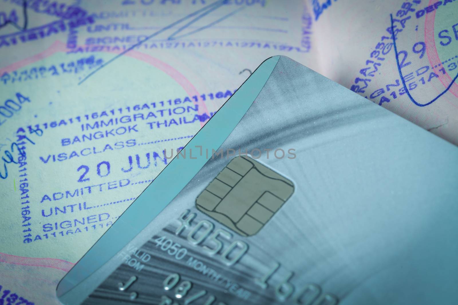 Passport stamp visa of Japan and credit card for travel concept