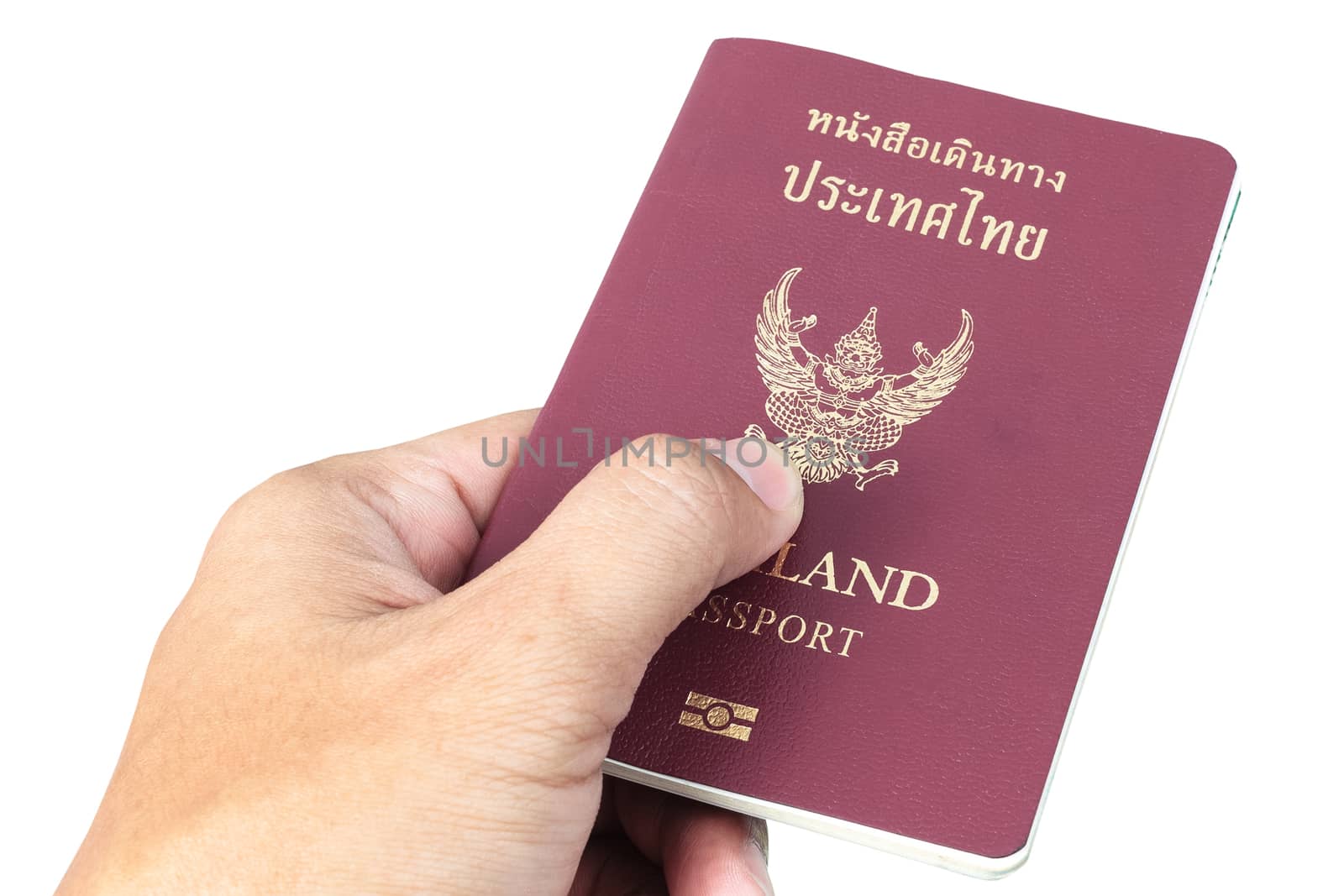 Thailand Passport and hand on white background