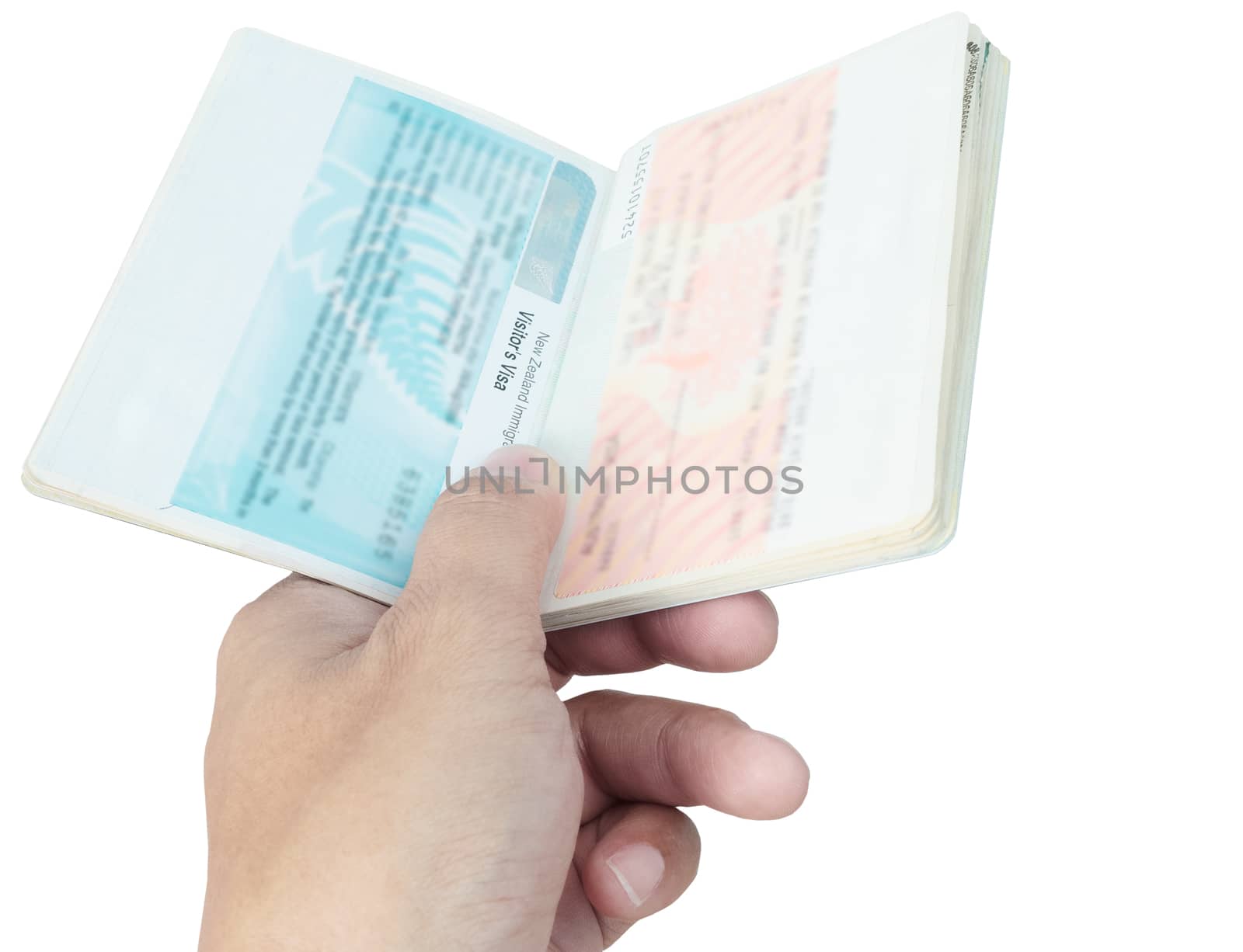 Thailand Passport visa and hand on white background