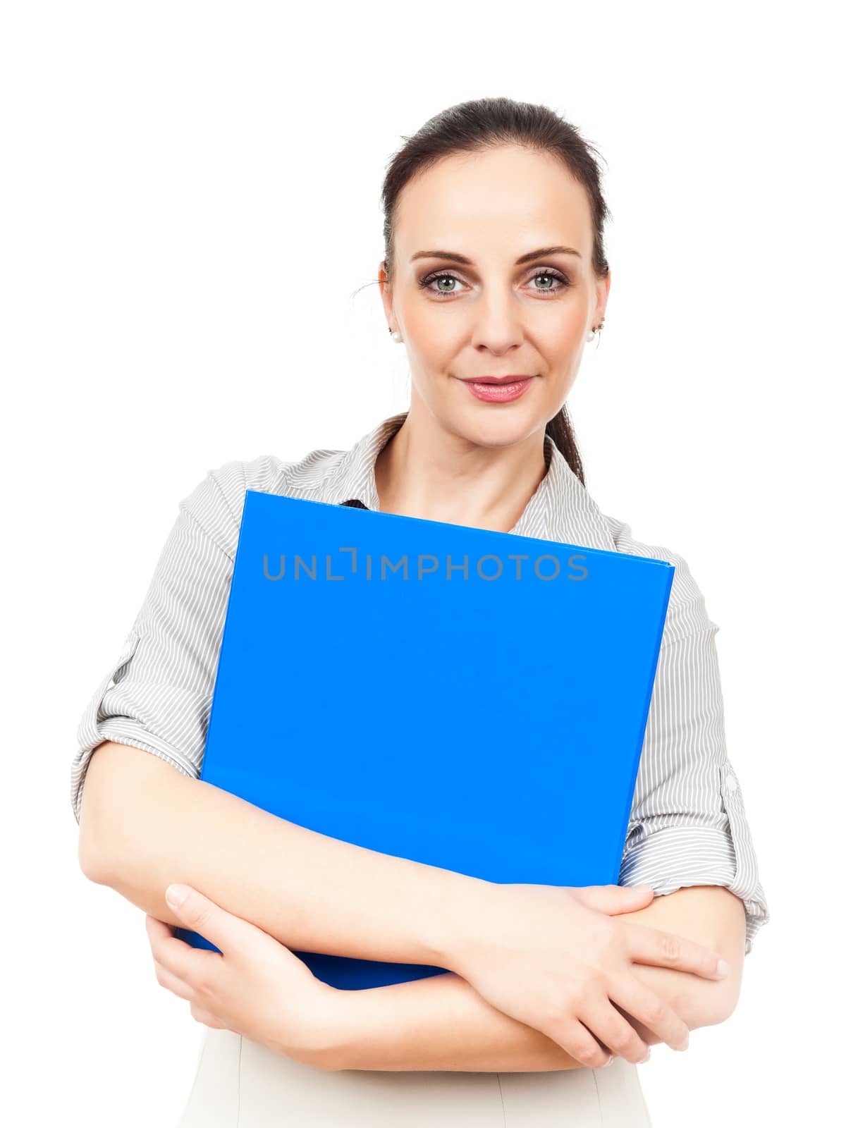 An image of a business woman with a blue folder