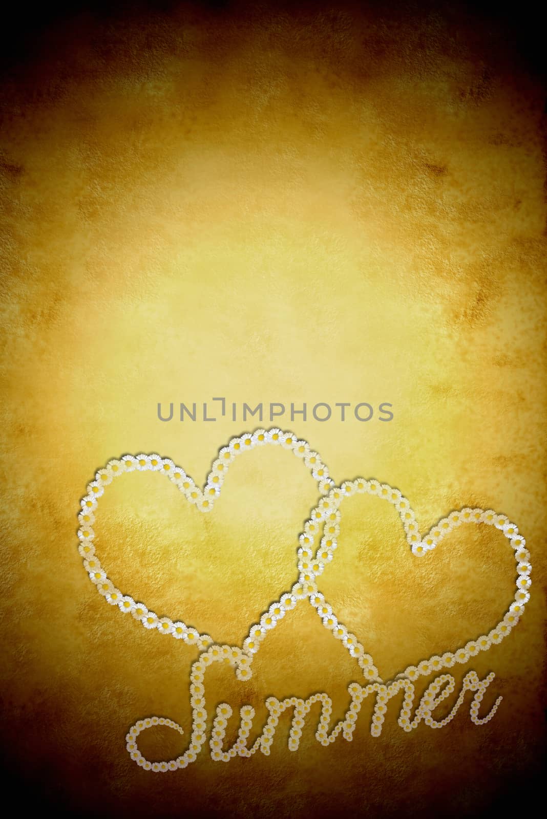 Summer vertical background two hearts and text made with daisies on vintage background with space for text or photos, retro style