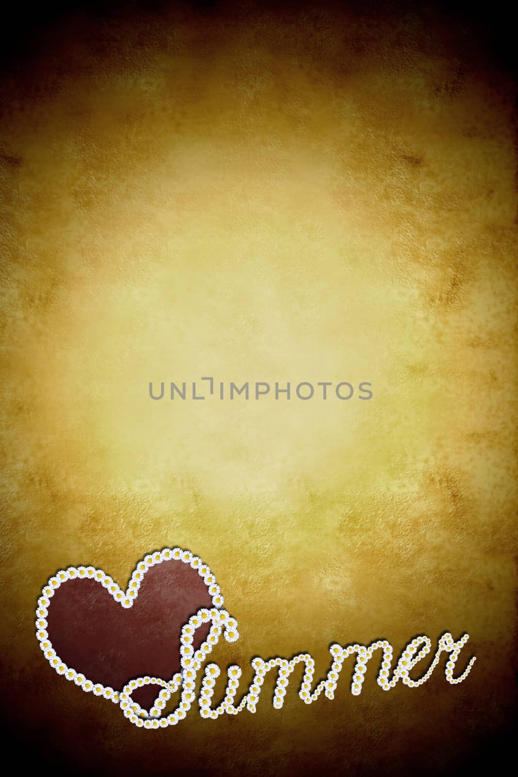 Summer vertical background two heart and text made with daisies on vintage background with space for text or photos