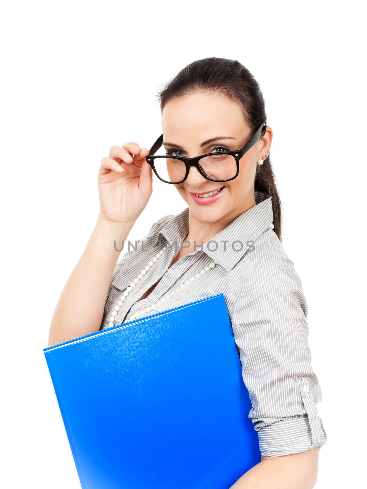An image of a business woman with a blue folder