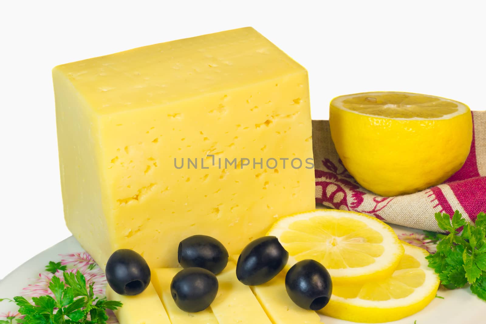 Big piece of cheese, lemon and olives on a white background. by georgina198