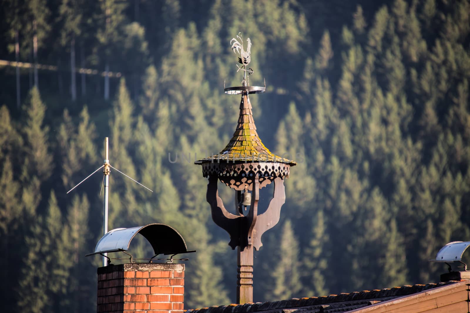 The metal weathercock on the old roof