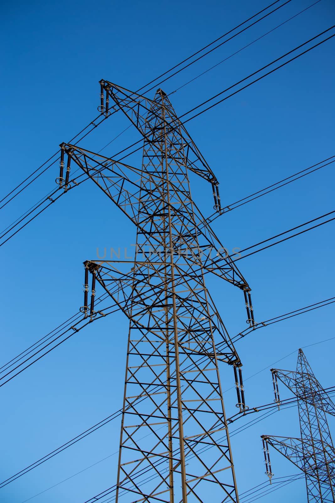 The powerlines with the blue clear sky