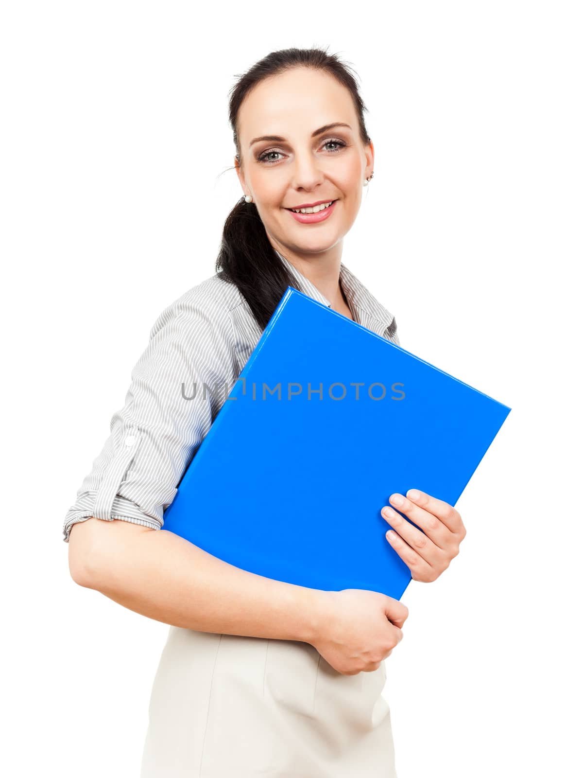 An image of a business woman with a blue folder