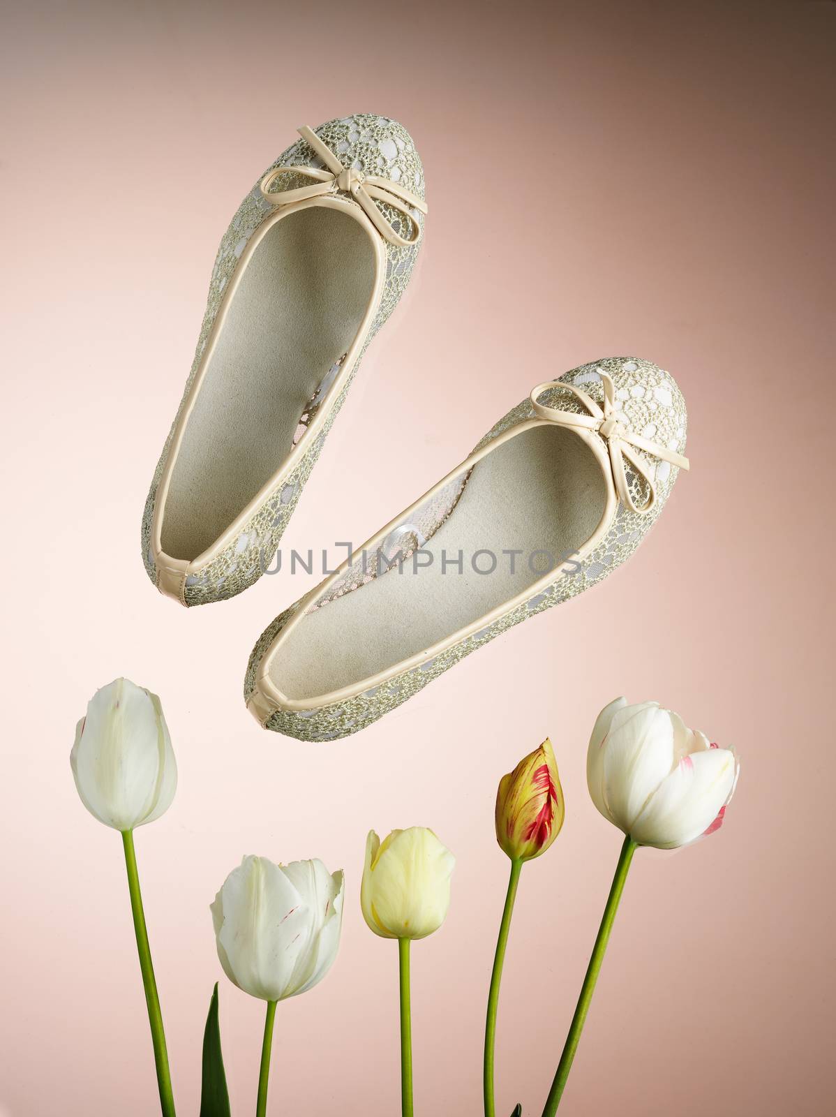 pair of 
summer season woman's shoes with tulips
