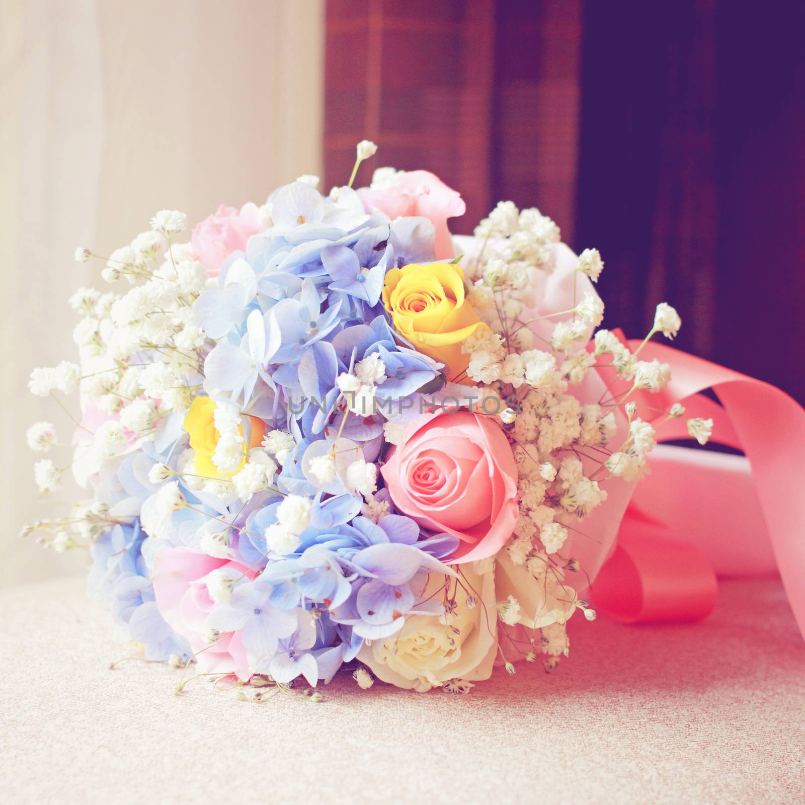 Beautiful bouquet for wedding ceremony with retro filter