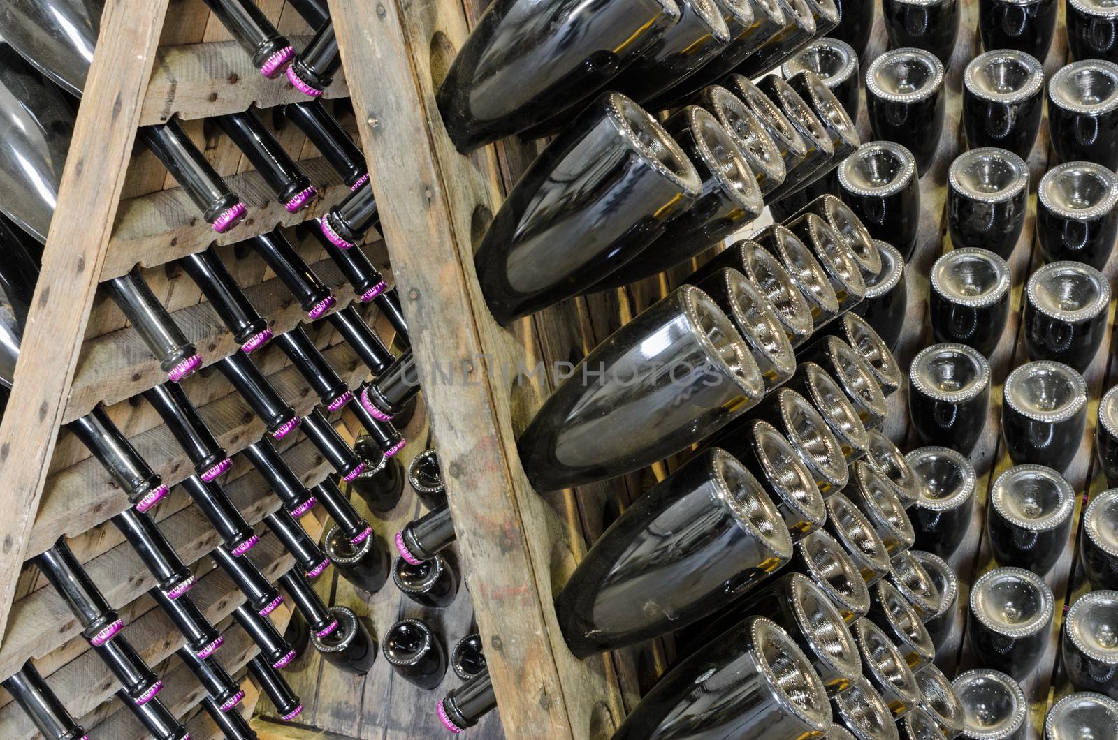 Dusty bottles with brut sparkling wine on wooden rack in winery vault