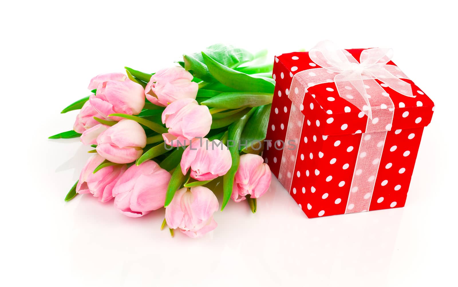 beautiful tulips with red polka-dot gift box. happy mothers day, romantic still life, fresh flowers
