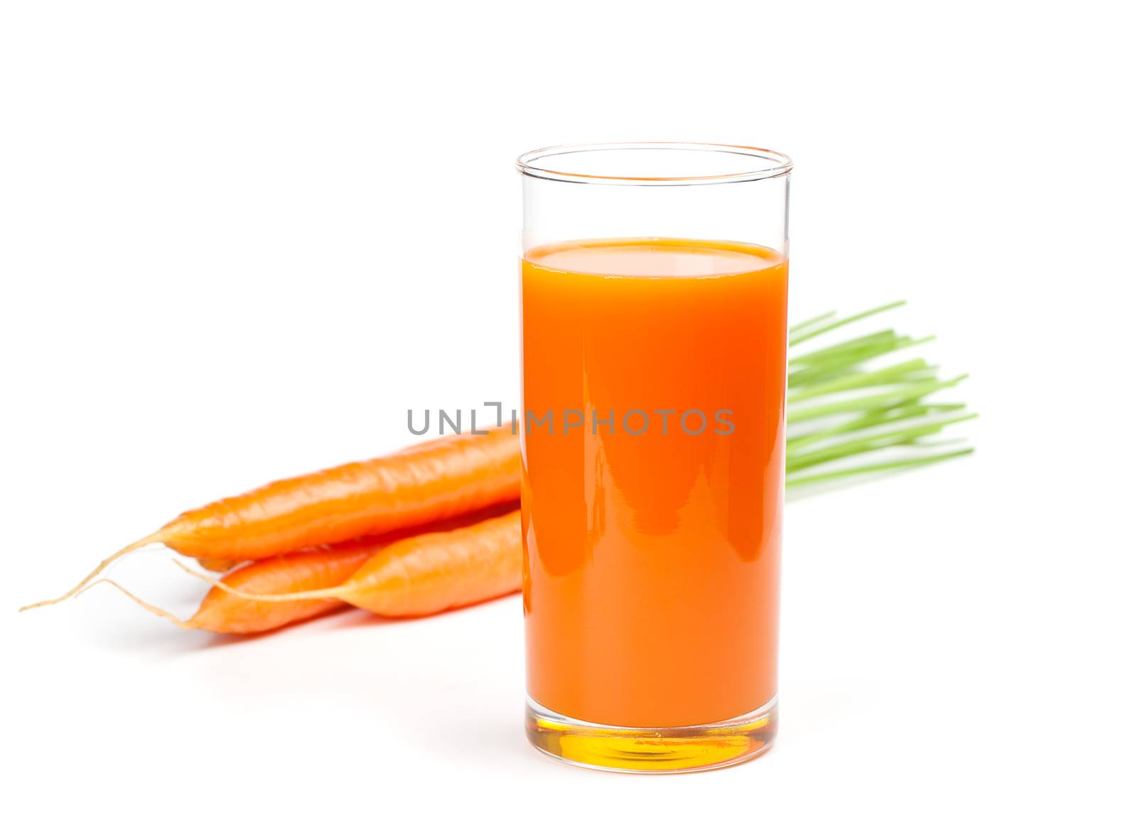 Carrot juice and fresh carrot, isolated on white background