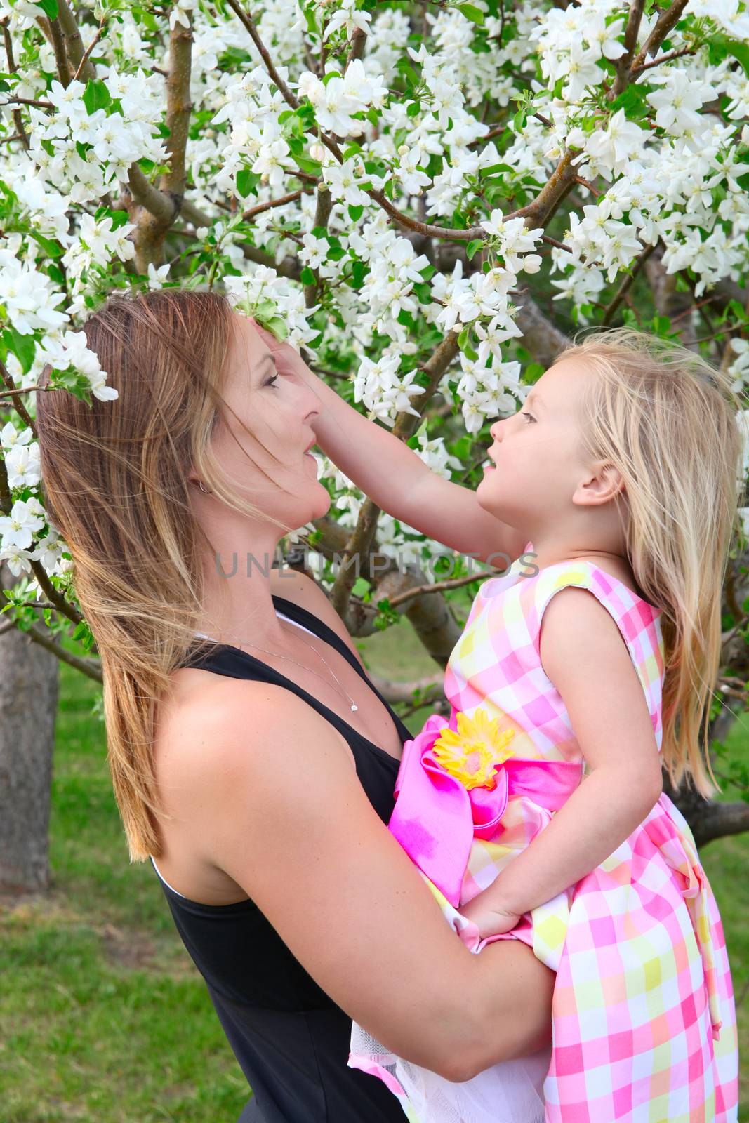 Little blond girld and her mom in a spring blossom garden