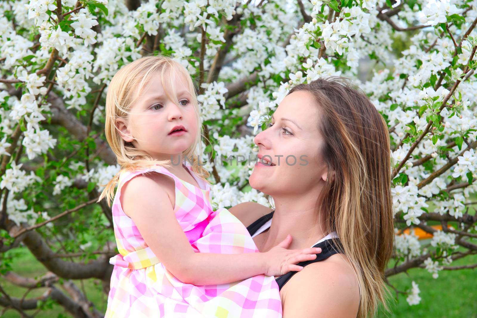 Little blond girld and her mom in a spring blossom garden