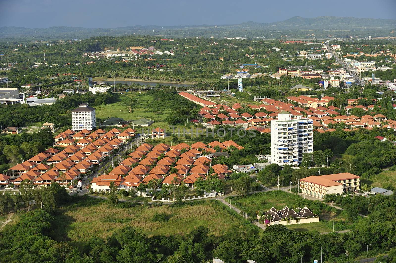 Aerial view of modern house complex, Jomtien Beach, Pattaya, Chonburi province, Thailand.