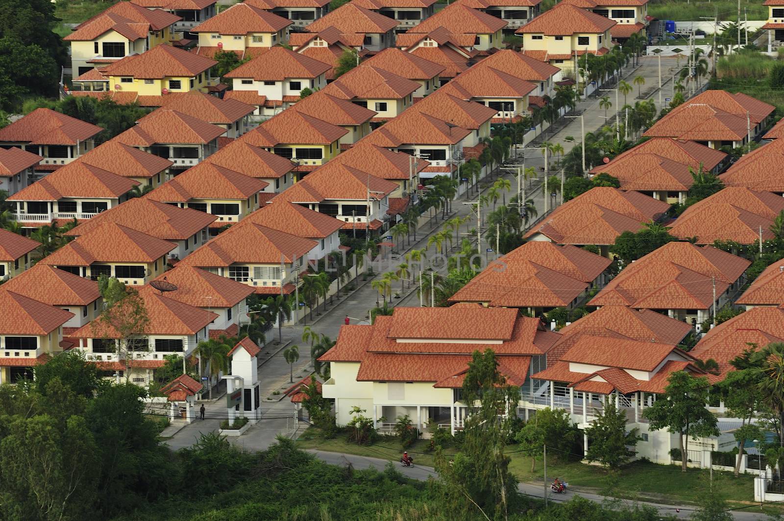 Aerial view of modern house complex, Jomtien Beach, Pattaya, Chonburi province, Thailand.