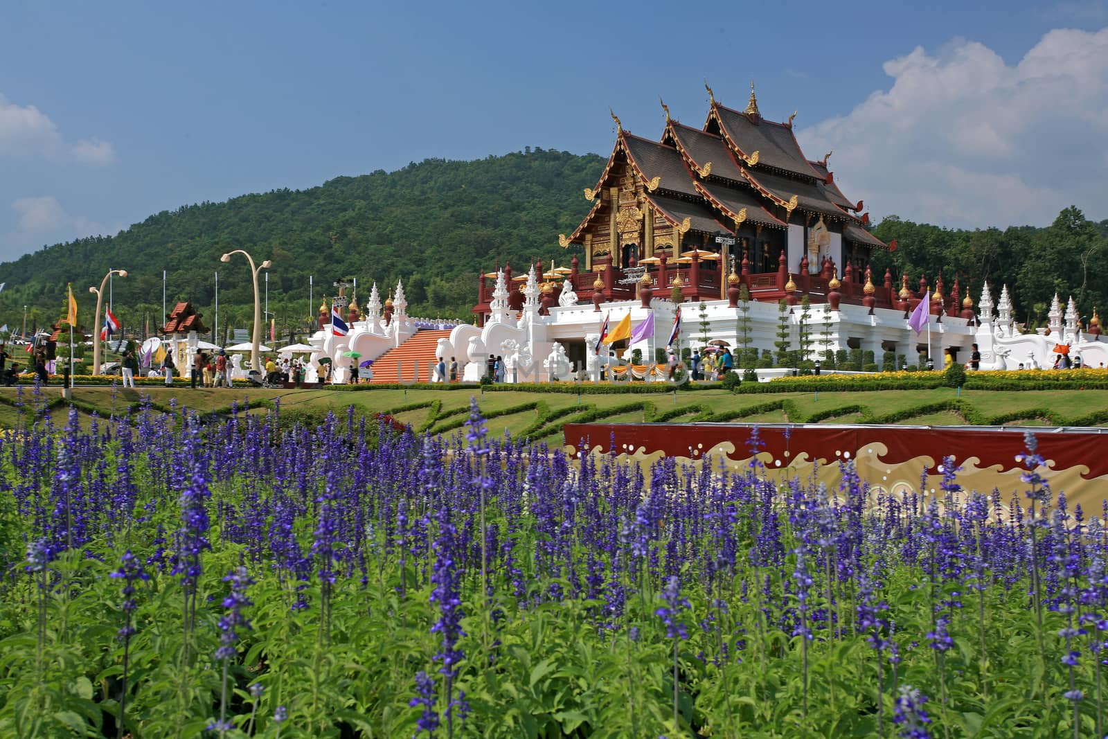 Traditional thai architecture in the Lanna style , Royal Pavilion (Ho Kum Luang) at Royal Flora Expo, Chiang Mai, Thailand