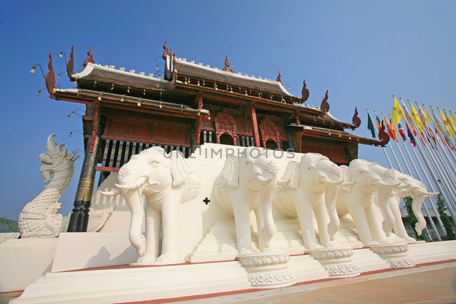 The white stucco elephant sculptur in Royal flora expo ,Chaingmai,Thai land.