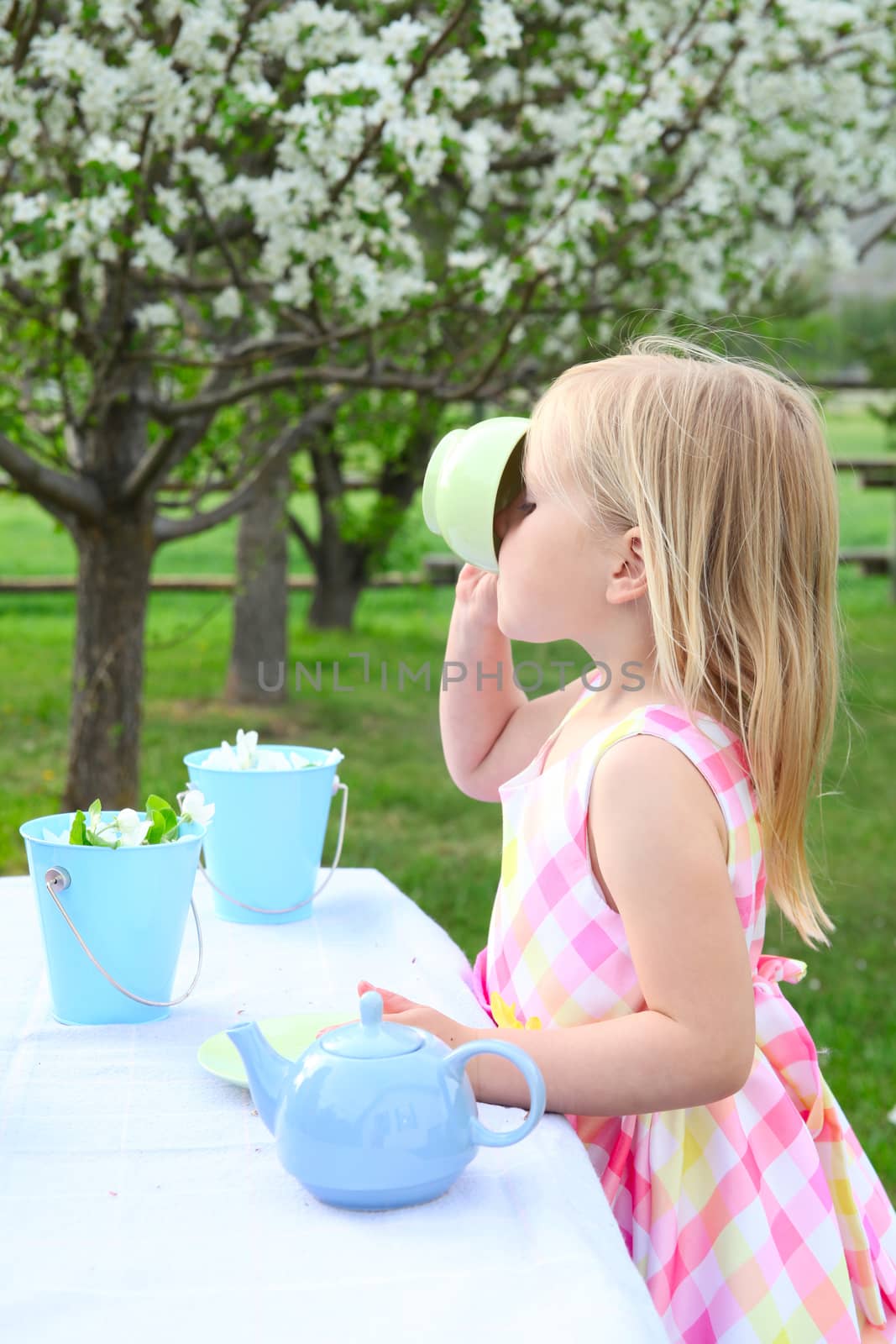 Little blond girl having a garden tea party