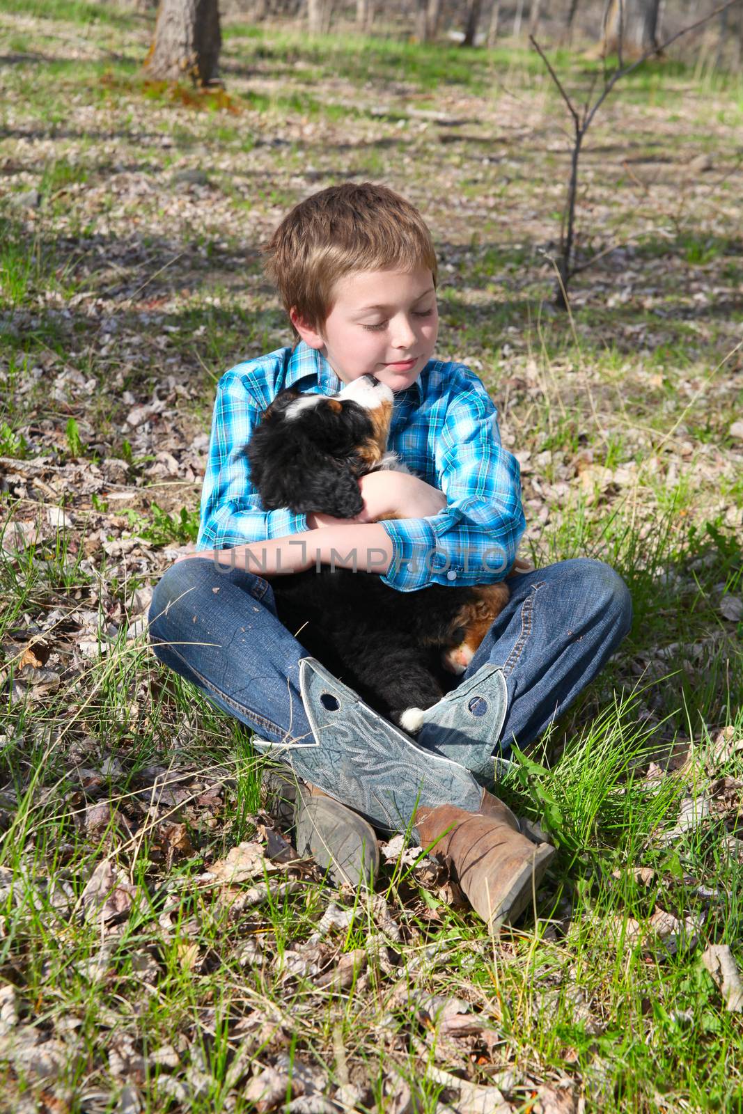 Young boy with his Bernese Mountain Dog puppy