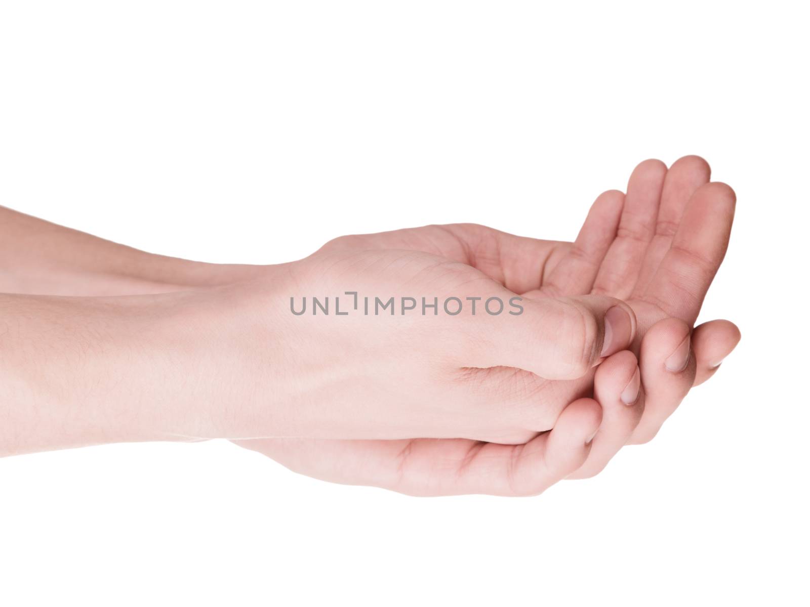 Cupped hands of a young man closeup. Isolation on white