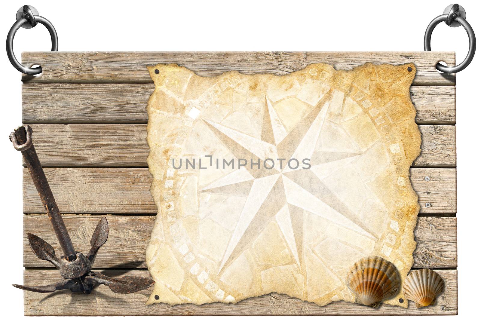 Wooden signboard with compass rose on a parchment, two seashells and old rusty anchor, concept of adventure travel