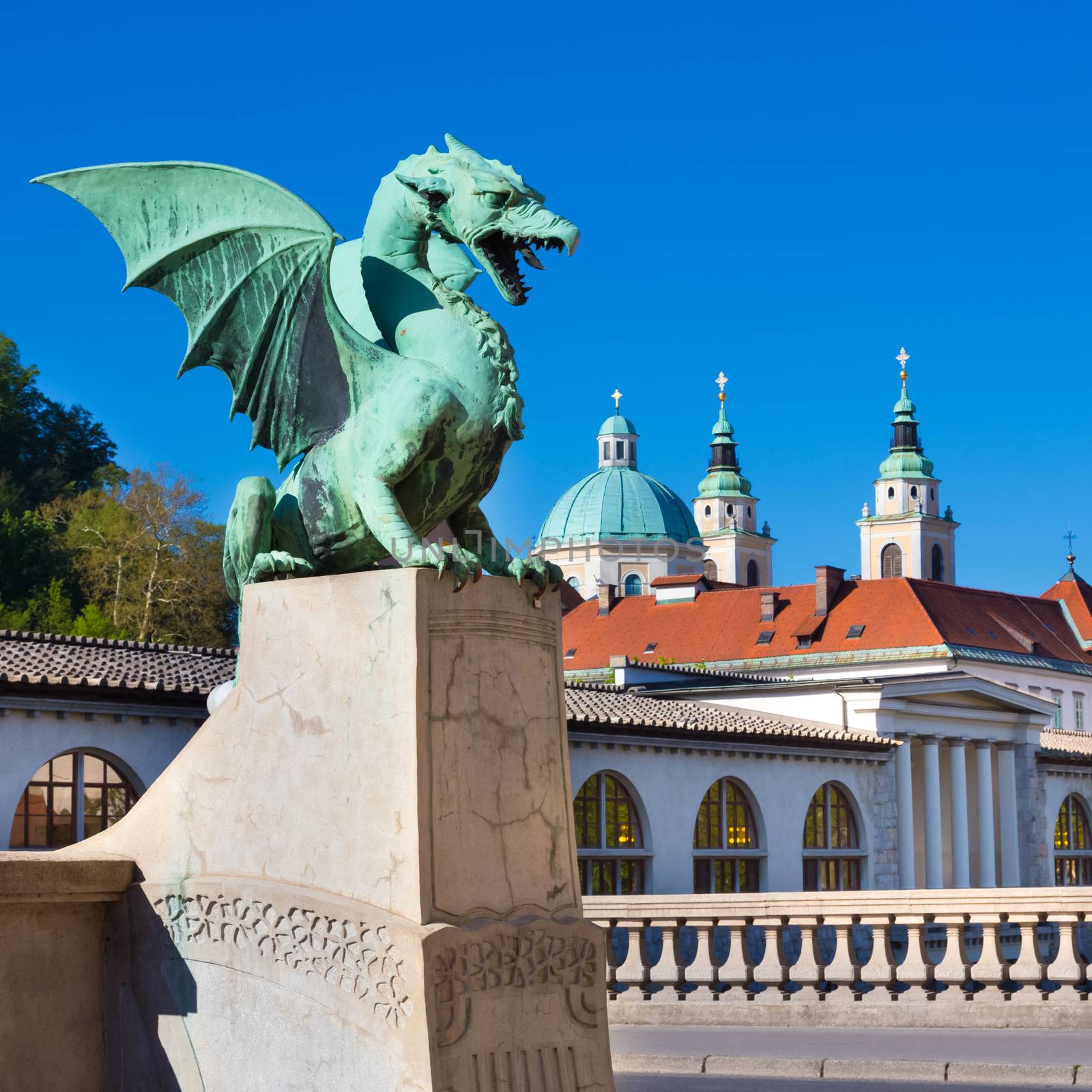 Famous Dragon bridge (Zmajski most), symbol of Ljubljana, capital of Slovenia, Europe.