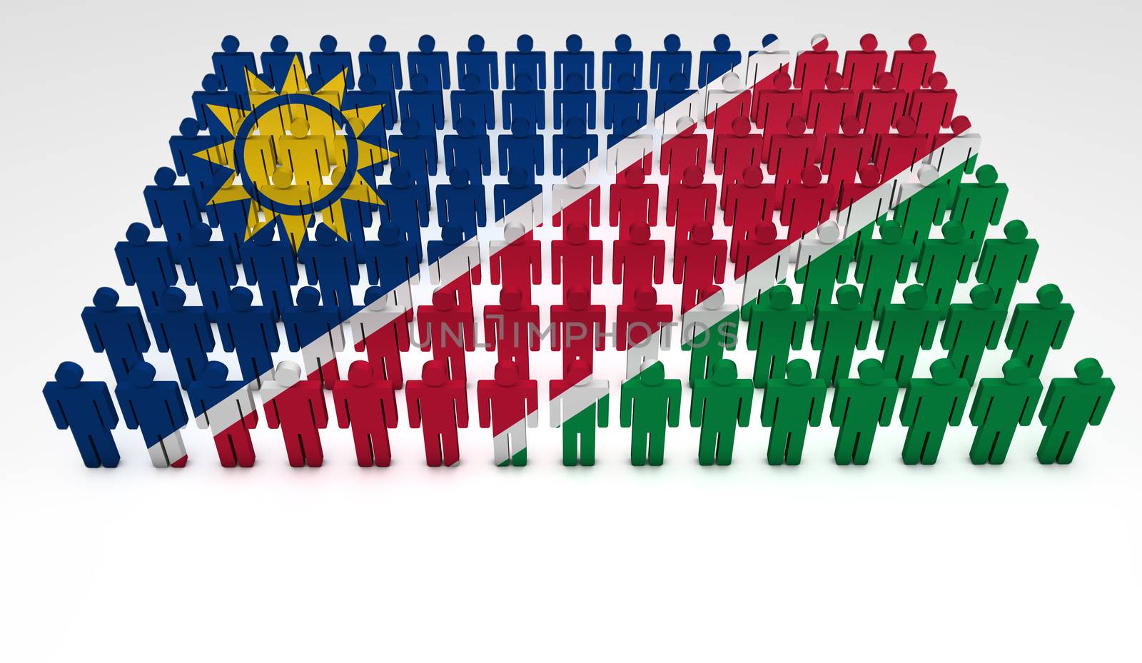 Parade of 3d people forming a top view of Namibia flag. With copyspace.