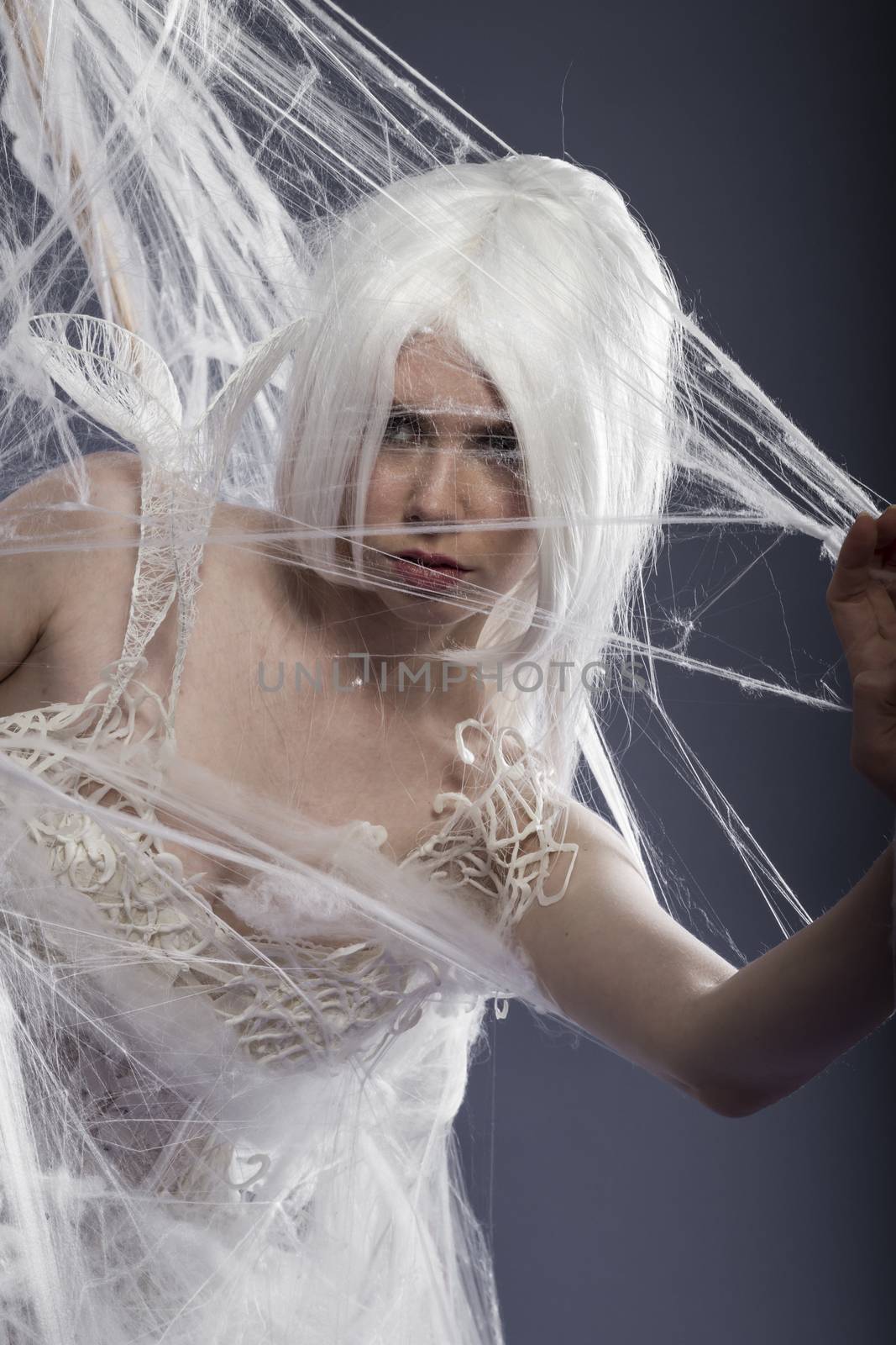 beautiful young woman trapped in a spider web, communications