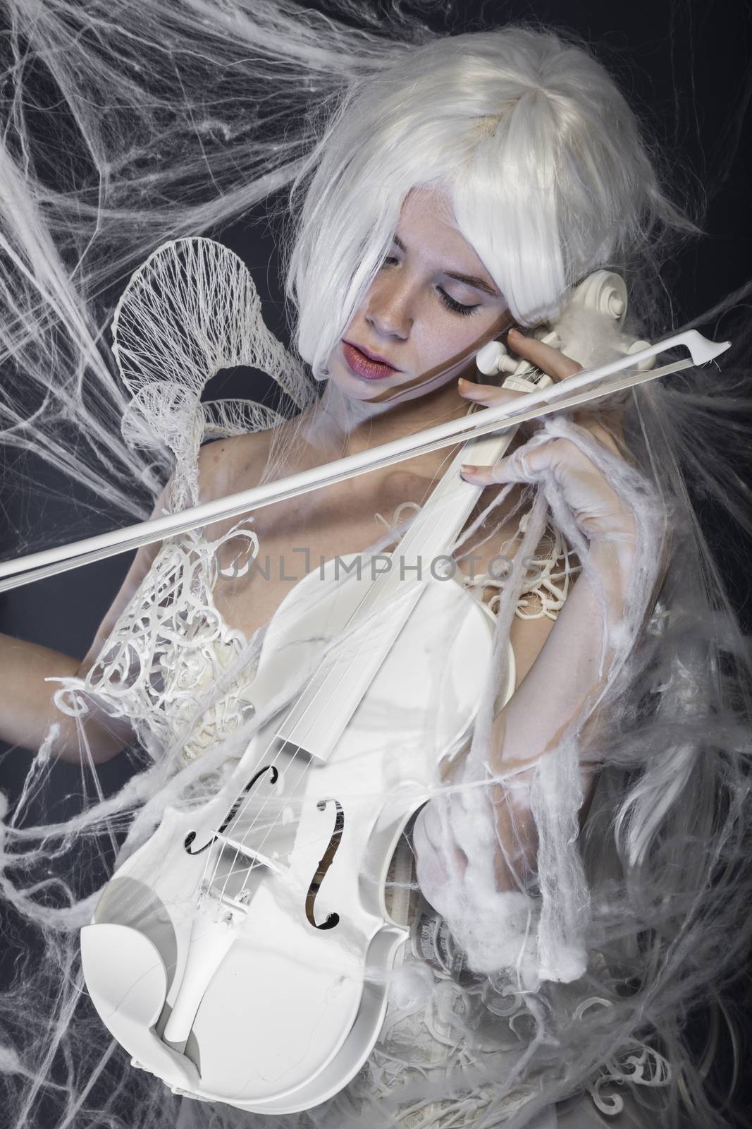 instrument, beautiful woman with couture gown in white, violin, by FernandoCortes