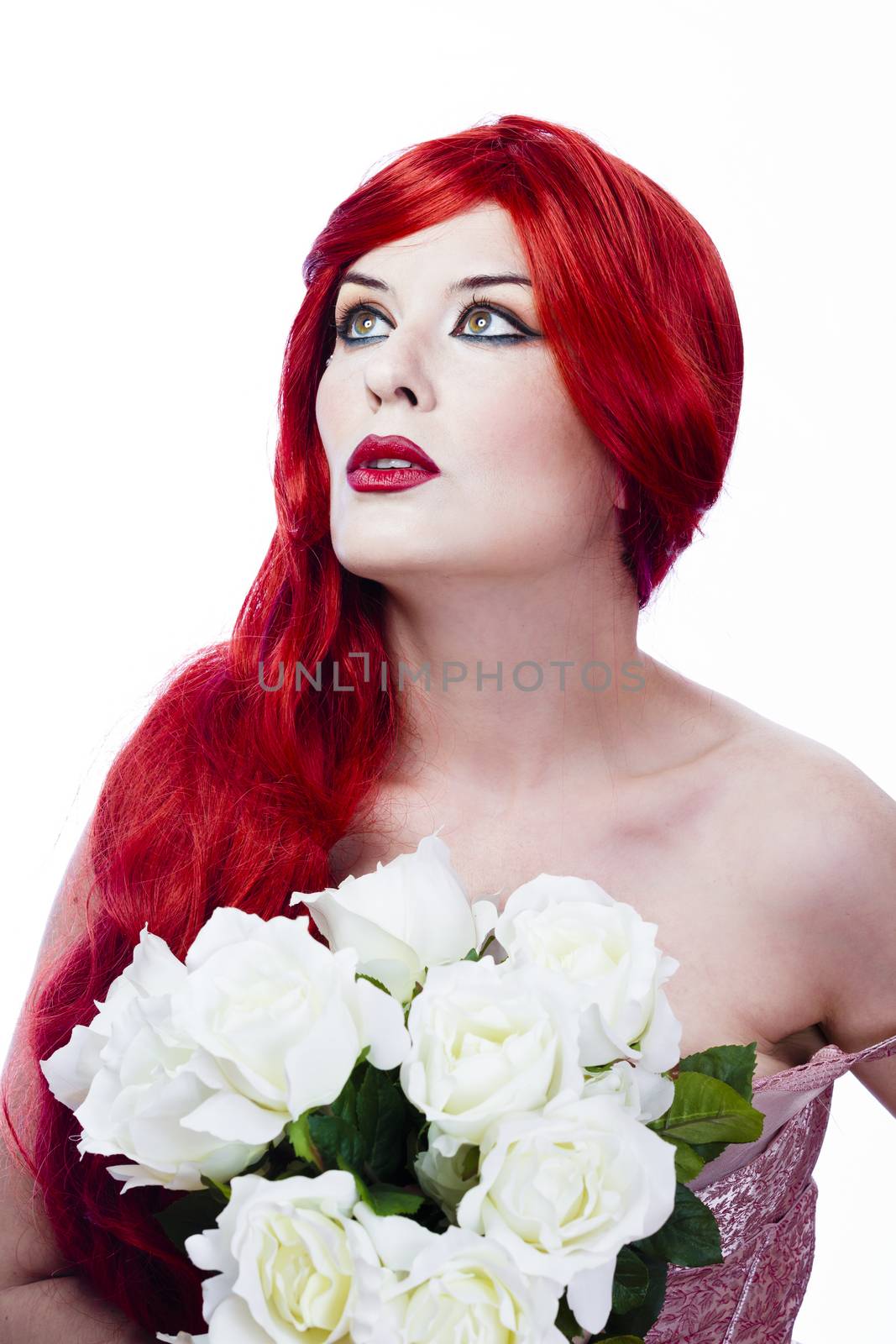 Bridesmaid with red hair holding a bouquet of white roses by FernandoCortes