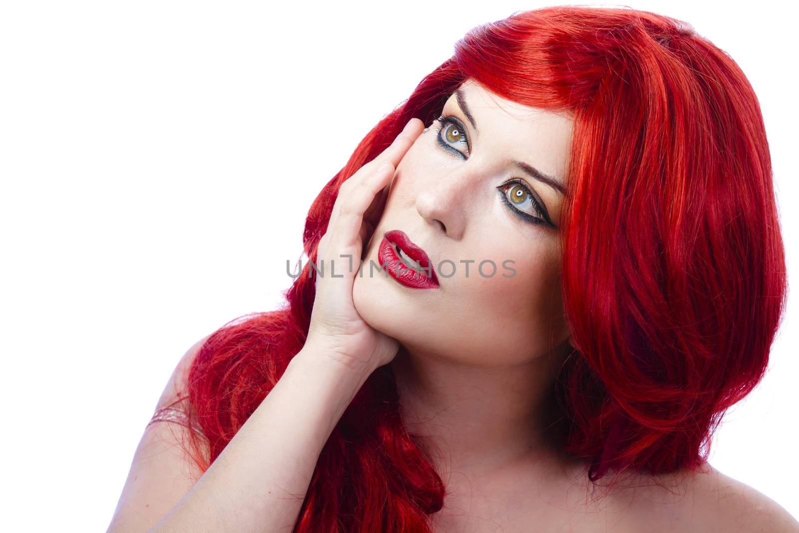 Beautiful girl with wavy red hair caressing his cheek by FernandoCortes