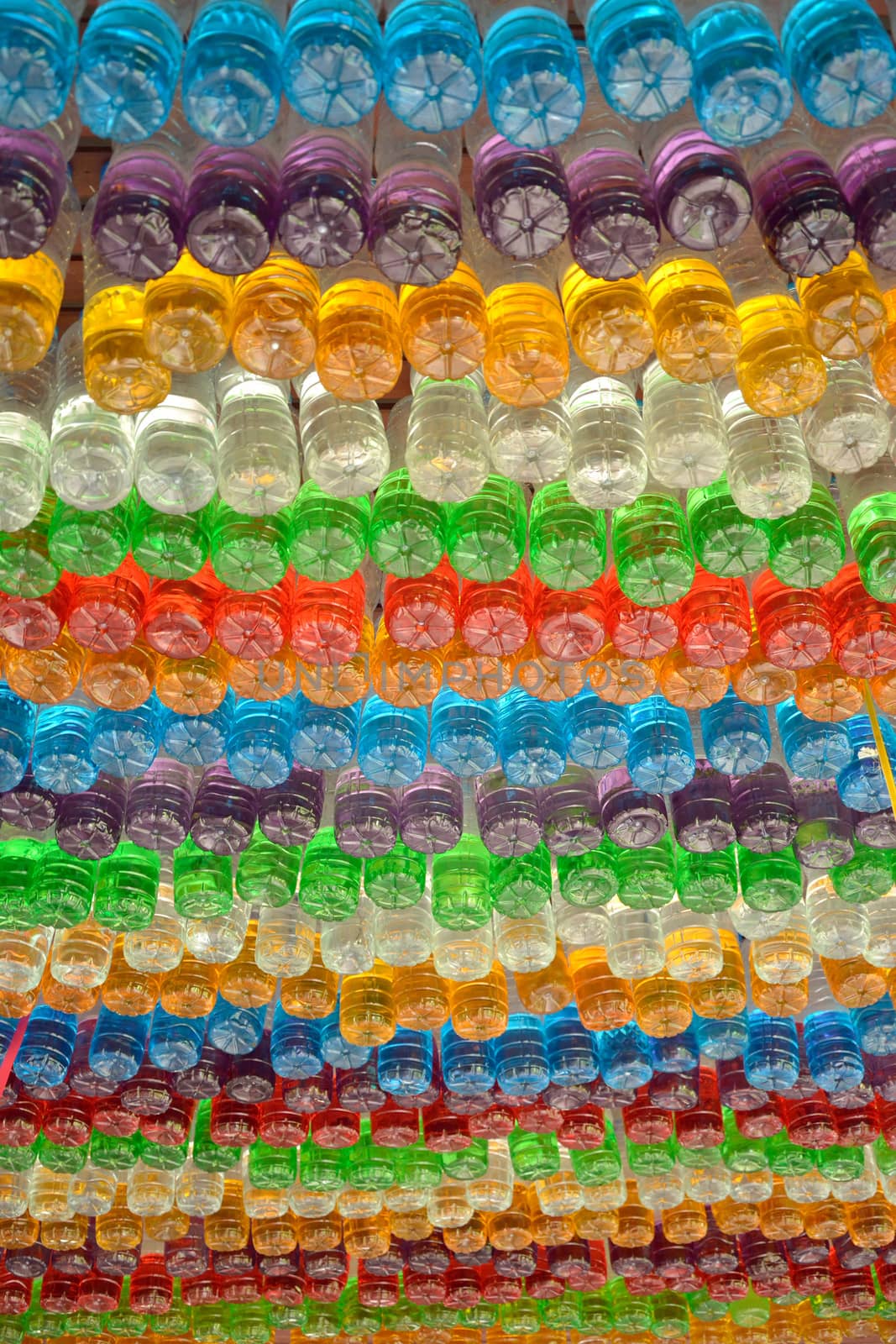 used plastic colorful bottles decorated