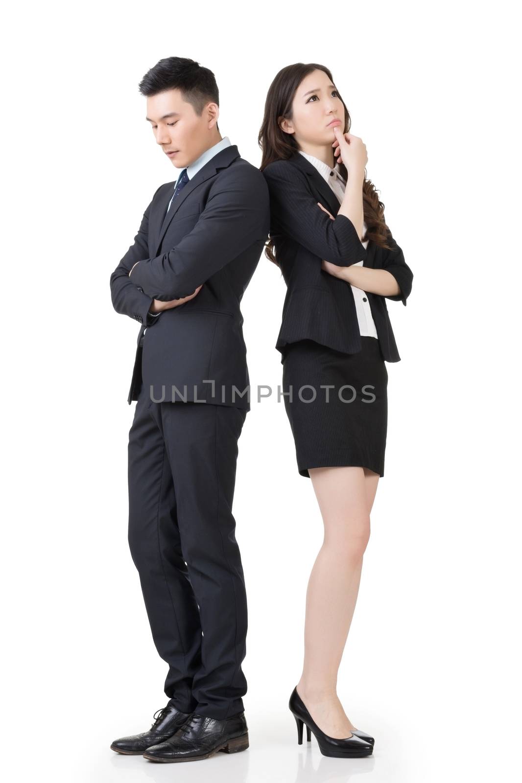 Asian business man and woman feel confused and worried, full length portrait isolated on white background.