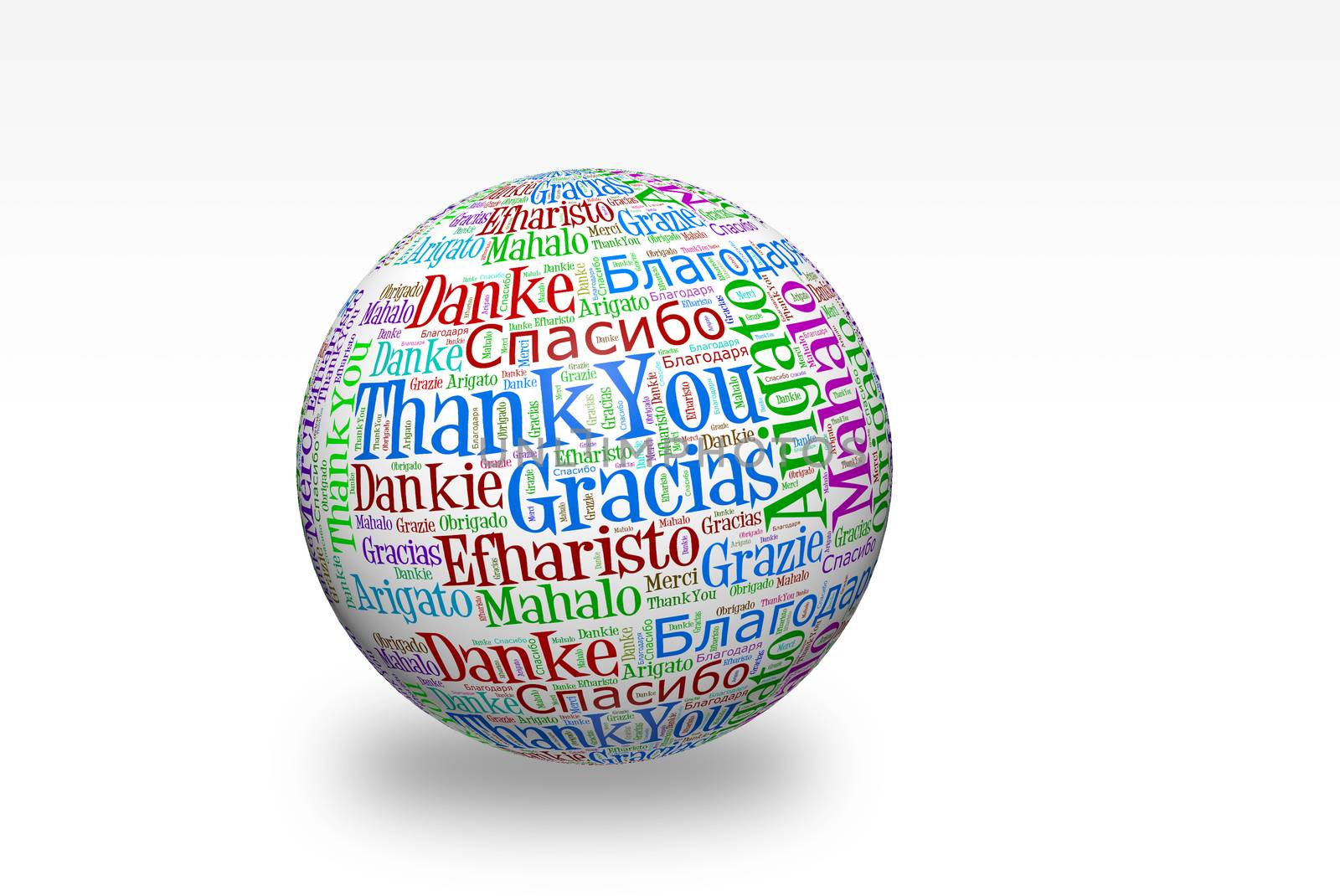 Conceptual thank you word cloud written on 3d sphere. Terms in different languages such as merci, mahalo, danke, gracias, kitos, grazie and more. 