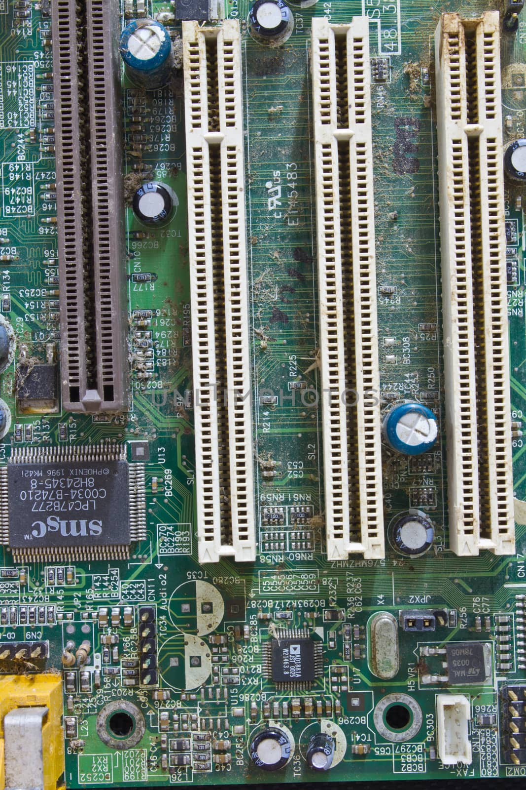 Detail circuit, detail dusty old computer mainboard