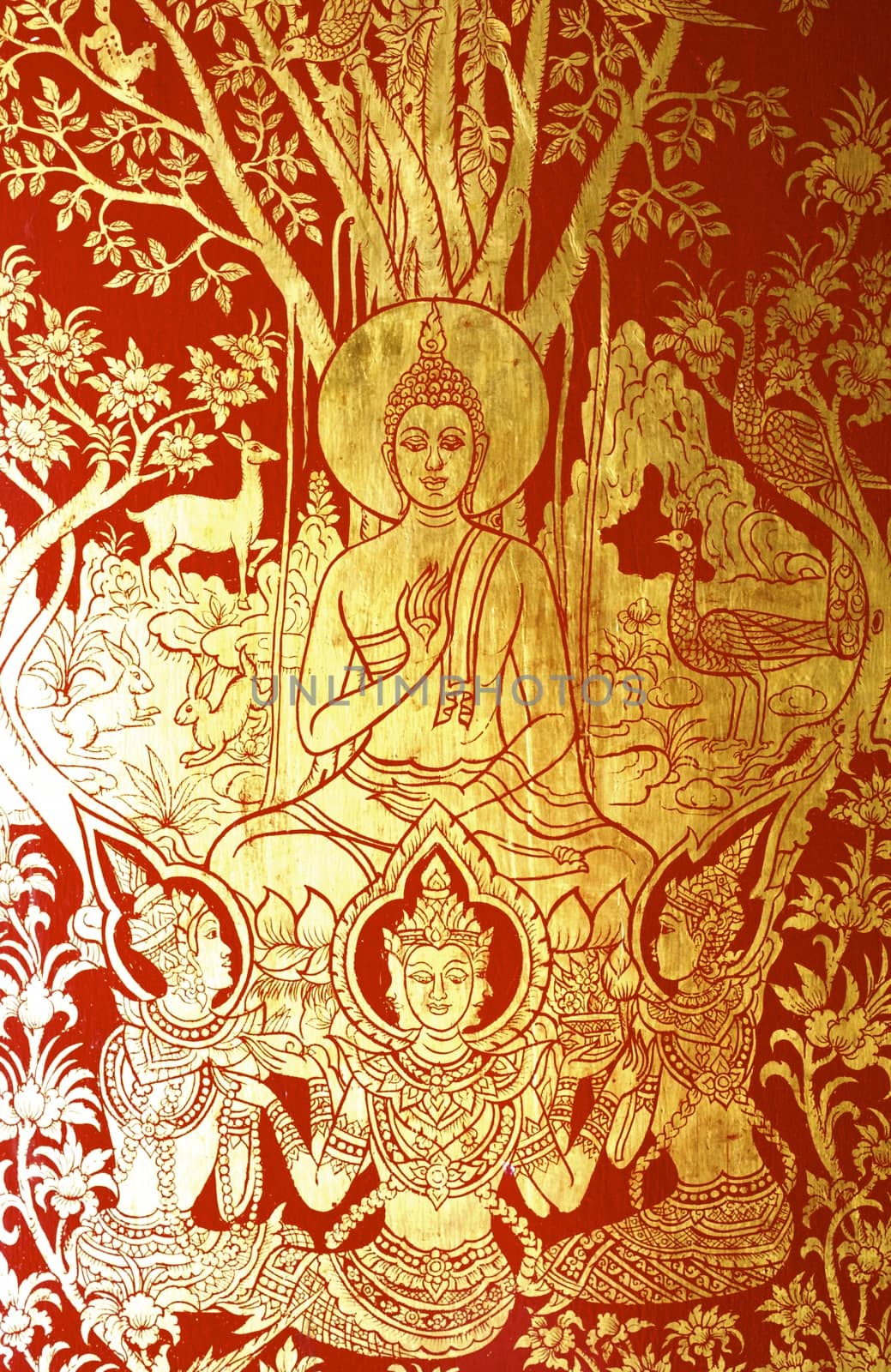 detail of thai pattern that made by covered wood plate with gold leaf for decorated temple door or pillar,shallow focus
