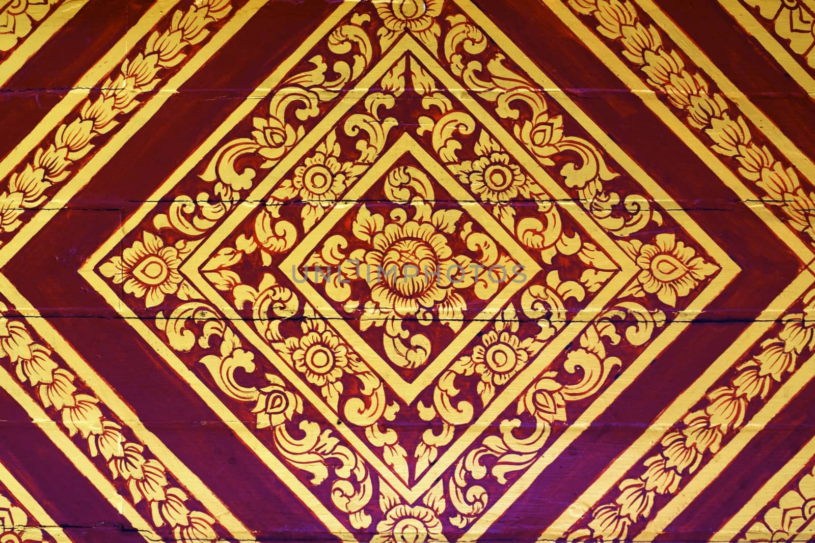 detail of thai pattern that made by covered wood plate with gold leaf for decorated temple door or pillar,shallow focus
