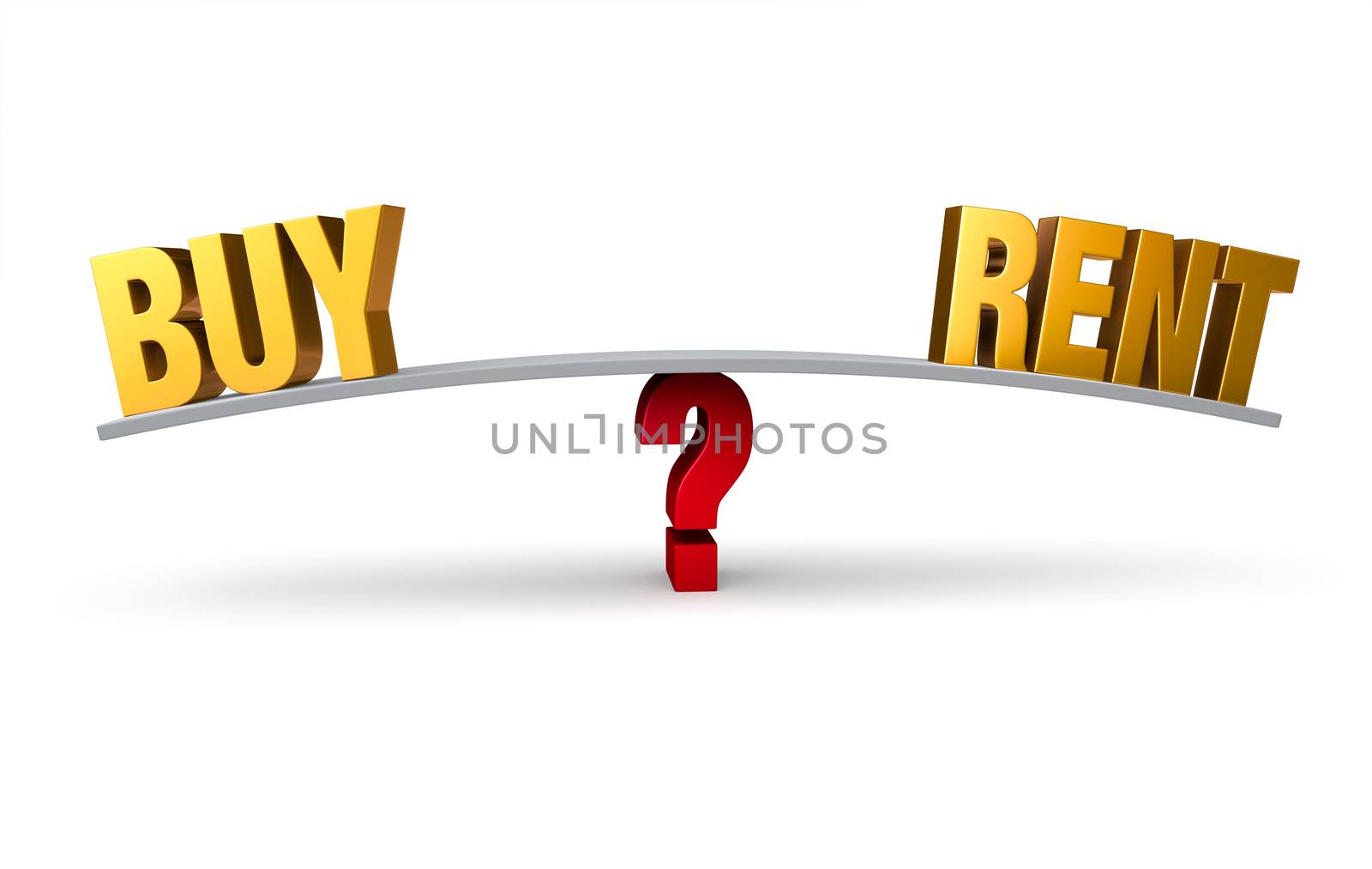 A bright, gold "BUY" and "RENT" sit on opposite ends of a gray board which is balanced on a red question mark. Isolated on white.