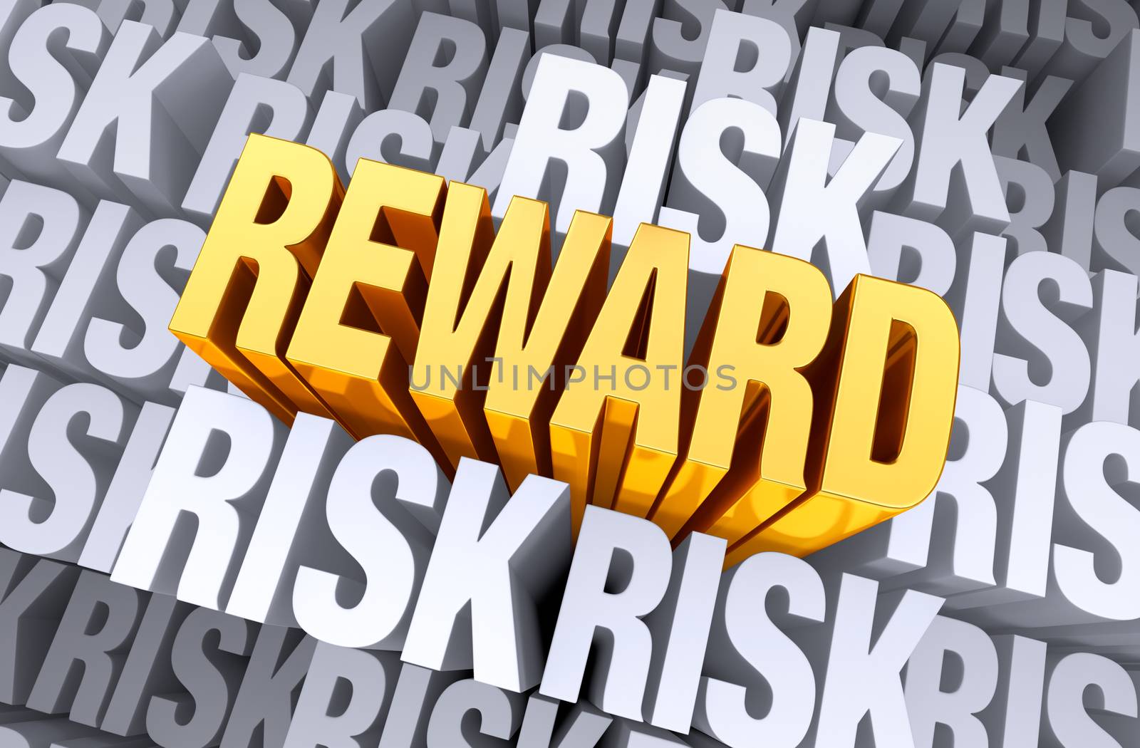 A bright, gold "REWARD" rises above a background filled with "RISK".