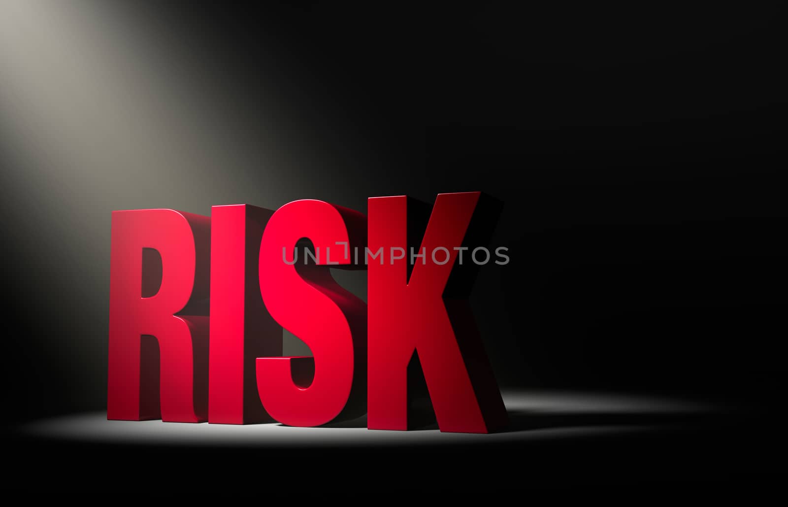 Angled spotlight revealing red "Risk" on a dark background.