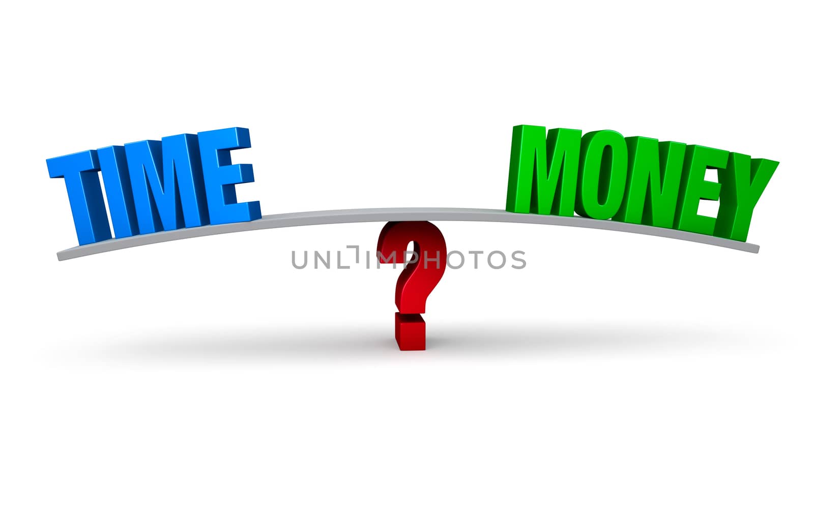A bright, blue "TIME" and a green "MONEY" sit on opposite ends of a gray board which is balanced on a red question mark. Isolated on white.
