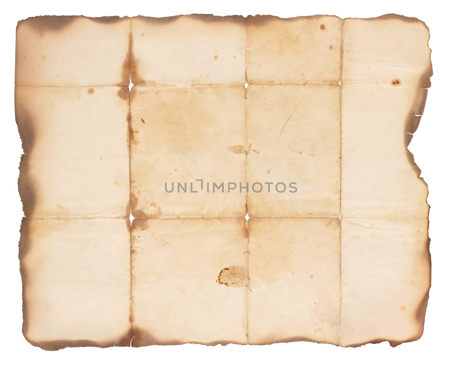 Very old, creased paper with fire damaged and burned edges. Blank with room for text or images. Isolated on white.