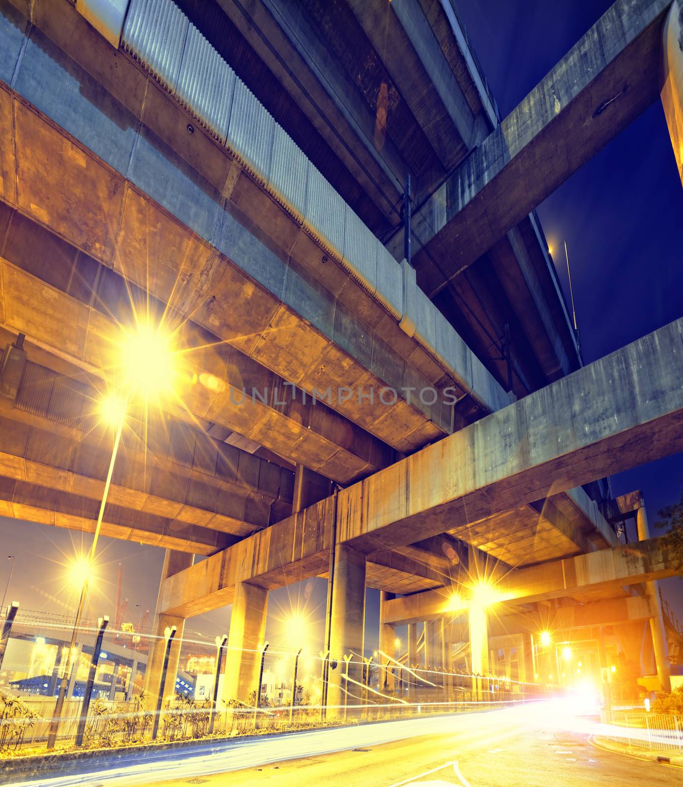 elevated express way Under view of the city overpass at night, HongKong Asia China 