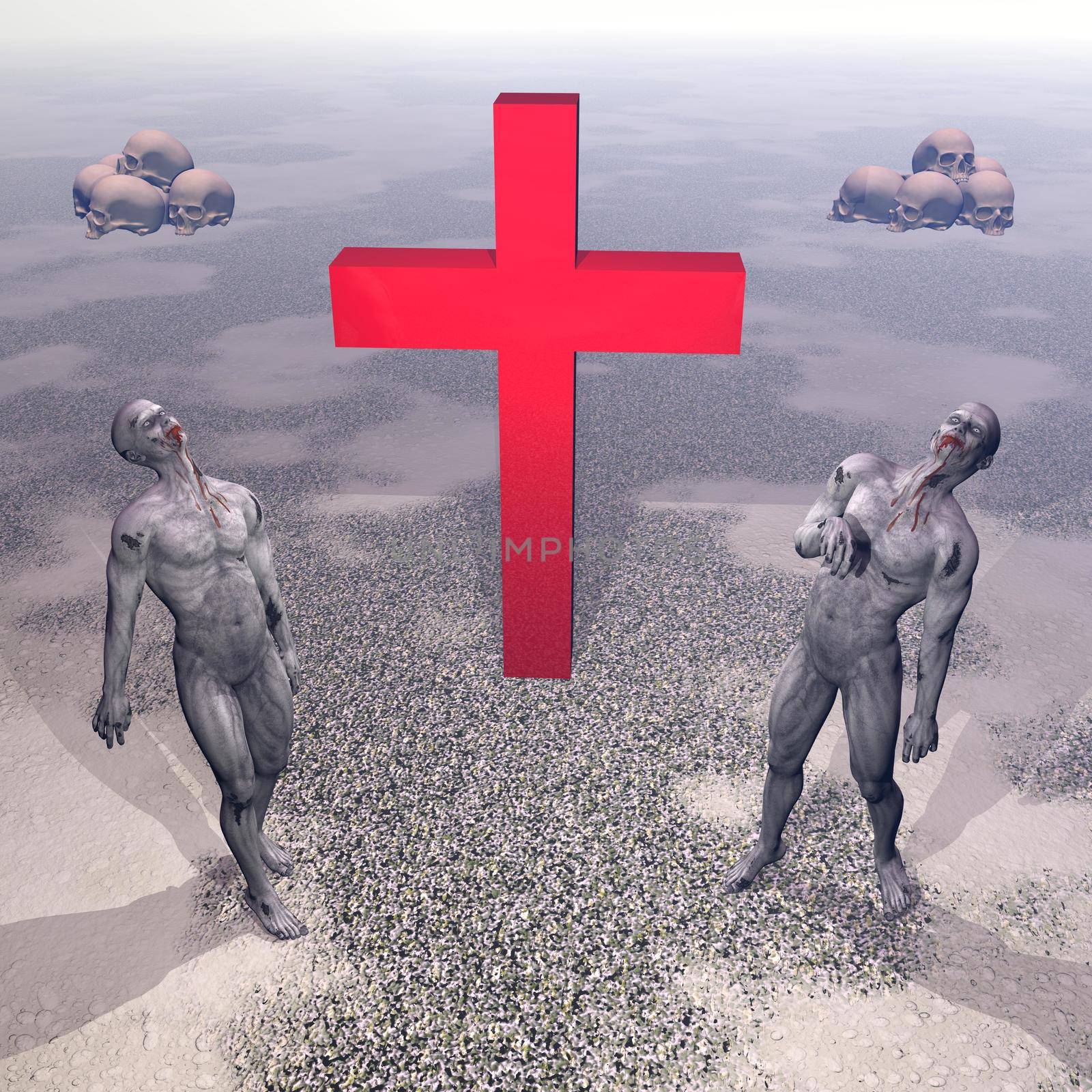 red cross with two zombies on side and the ground of skulls by sunrise
