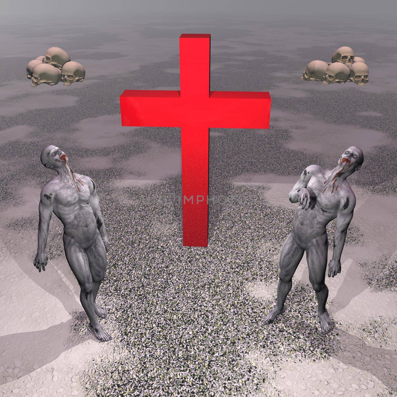 red cross with two zombies on side and the ground of skulls by sunrise