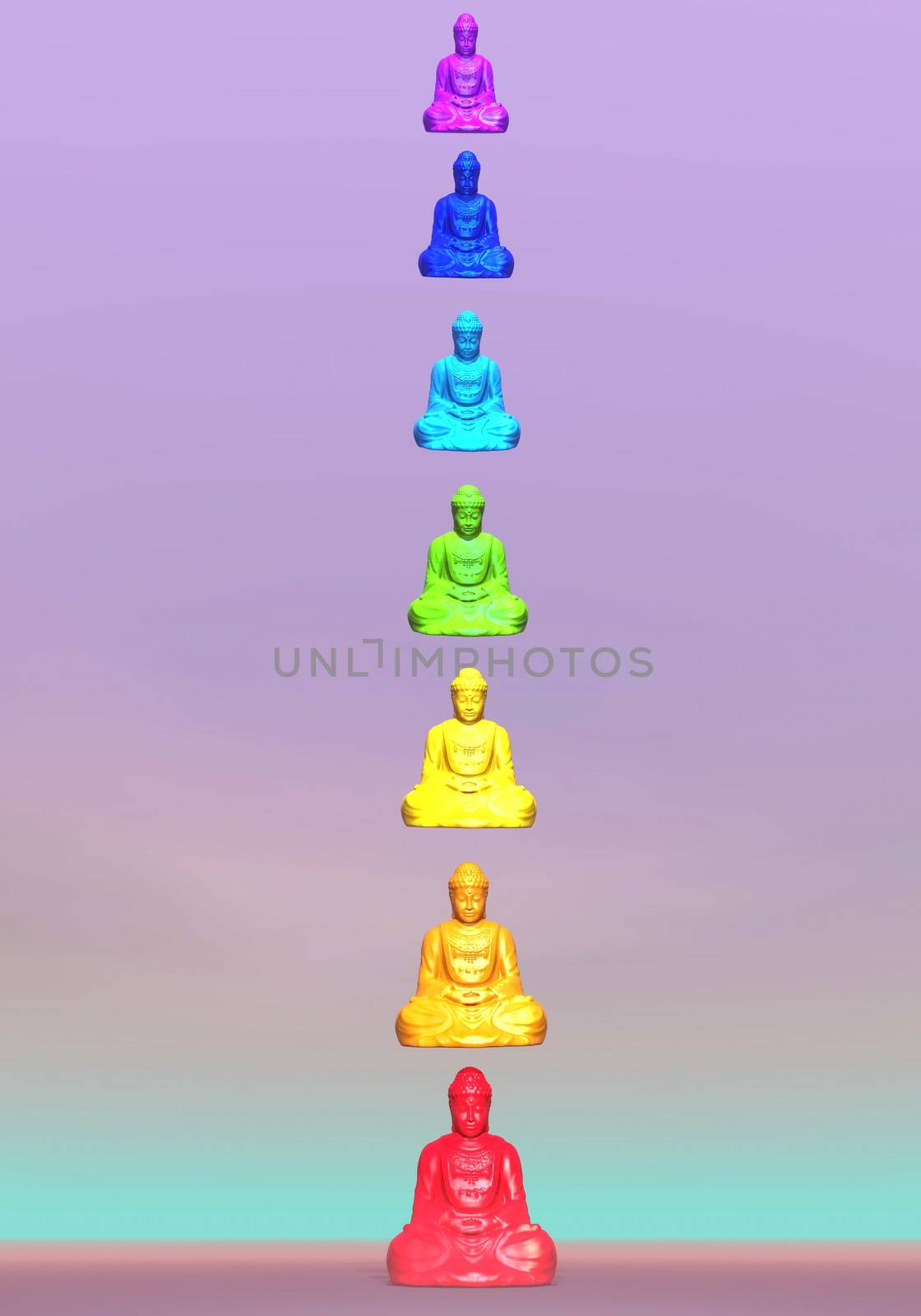 Seven colorful buddhas for chakra column in violet background