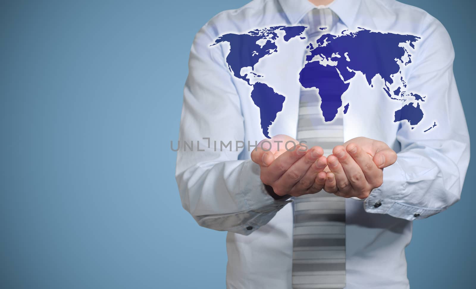 Businessman holds or holding world earth map in the palm of hands