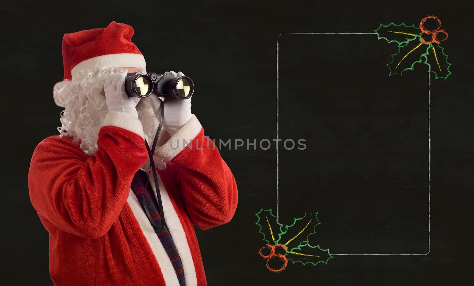 Father Christmas looking at the future sales strategy notes with binoculars on backboard background